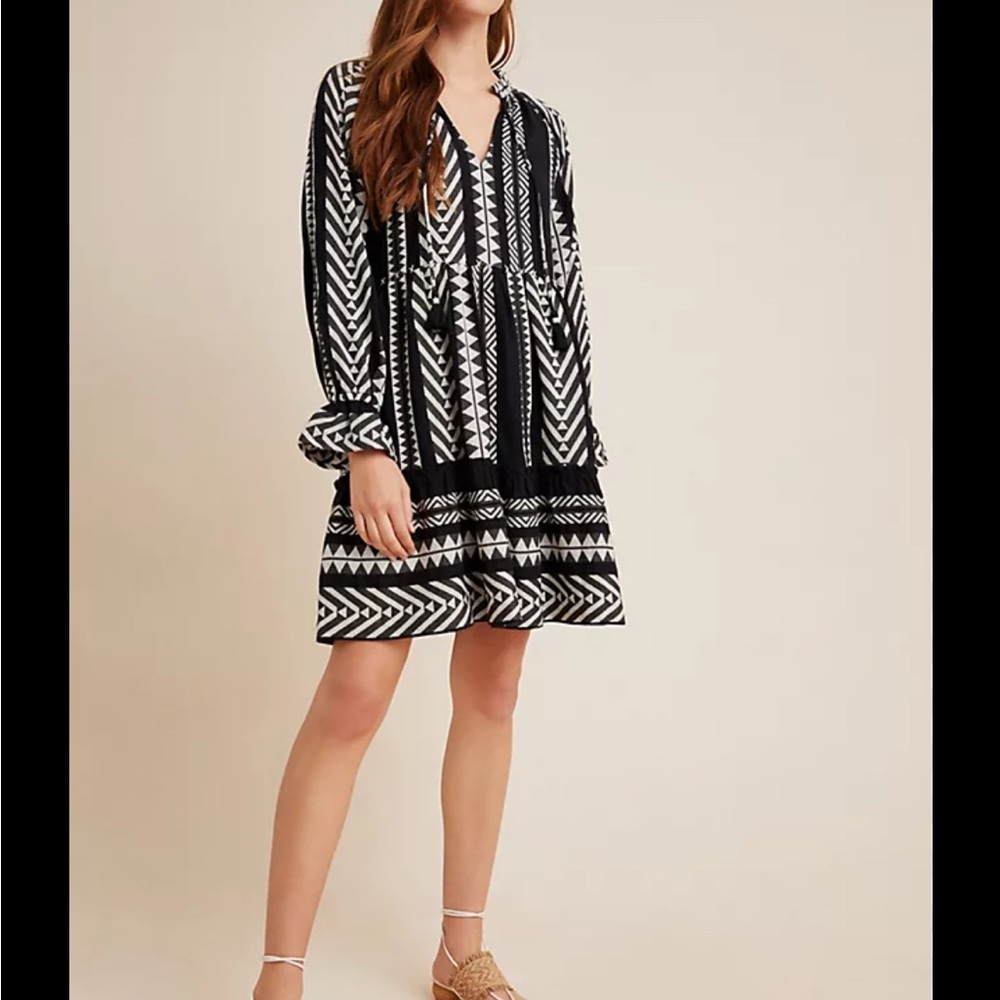 Maeve by Anthropologie- Black and White V-Neck Sundress with Bishop Sleeves